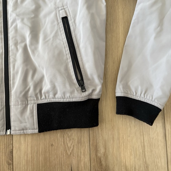 Hollister Men's Medium Hooded Bomber Jacket Gray Black Spell Out Full Zip Wind - Picture 2 of 6